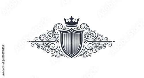 Elegant vintage shield and crown emblem with ornate scrollwork flourishes, perfect for heraldic or luxury design.