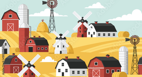 A vibrant seamless pattern illustrating a picturesque farm landscape with red barns, white houses, silos, and windmills in golden fields under a blue sky.