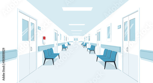 A long, clean, and empty hospital corridor with blue waiting benches and sterile white walls, extending into the distance under bright overhead lighting.