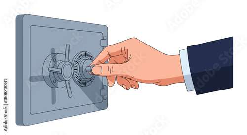 A businessman's hand carefully turning the dial of a secure safe, symbolizing financial security and asset protection.