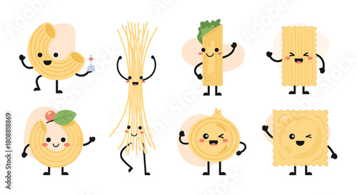 A cheerful assortment of various cartoon pasta characters and an onion, all with happy faces and playful poses on a white background.