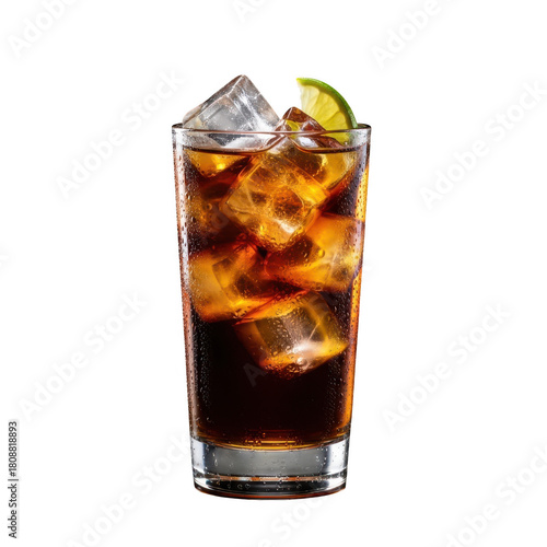 Refreshing cuba libre cocktail isolated on transparent background a classic highball drink with rum, cola, and lime, served in a tall glass filled with ice cubes, perfect for summer