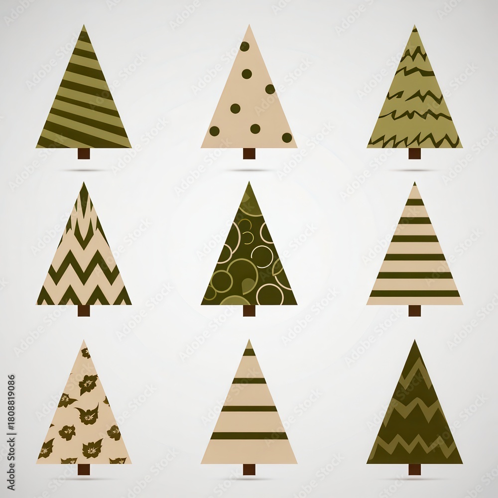 Obraz premium A collection of nine stylized Christmas tree illustrations in varying patterns and shades of green and beige. Simple shapes and flat design create a modern, festive aesthetic.