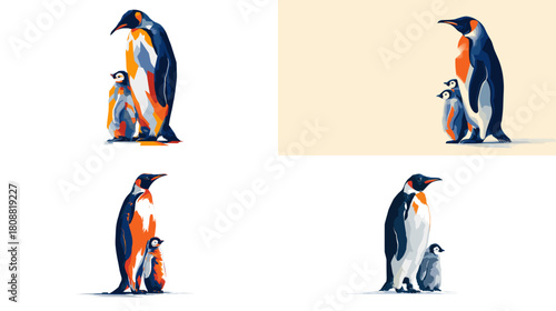 Elegant illustration of adult and baby penguins standing together with bold colors and clean shapes. Stylish wildlife artwork showing warmth, companionship, and arctic life.
