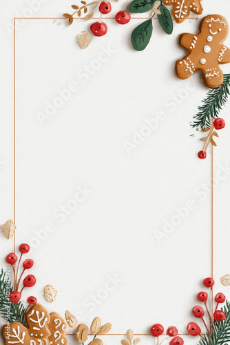 Minimalist Christmas frame with gingerbread, red berries, and greenery on a white paper background with copy space