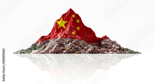 China flag on rare earth minerals mountain, critical materials supply and resource dominance