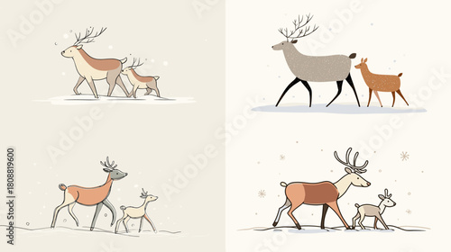 Elegant illustration set of deer and fawns walking together in simple soft tones. Ideal for nursery art, winter themes, wildlife designs, and minimalist animal illustrations.