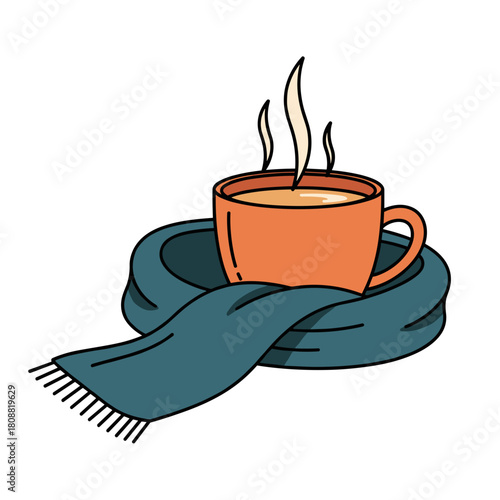 Steaming coffee cup wrapped in cozy scarf, winter warmth and relaxation concept