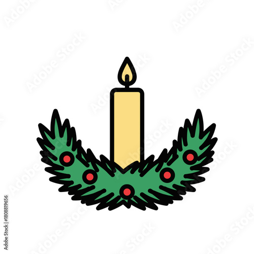 Christmas candle with evergreen wreath and red berries, holiday decoration and festive season symbol