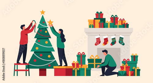 People decorating a Christmas tree and fireplace with gifts.