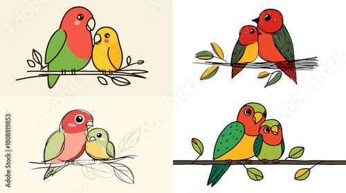 Charming illustration set of otters floating with their babies, cuddling, and resting on water. Ideal for children themes, cute animal art, nursery design, and cartoon characters.