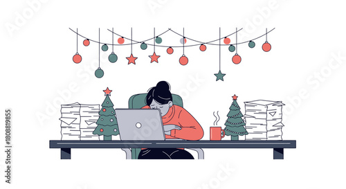 Overworked woman at desk during Christmas season.