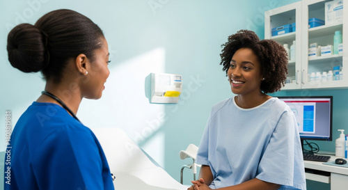 A woman at a gynecologist's appointment, patient consulting with nurse in medical examination room, healthcare and medical support