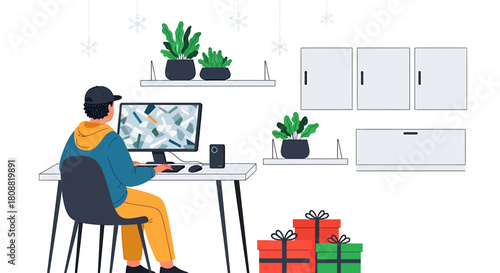 Person working at a computer in a home office setting.