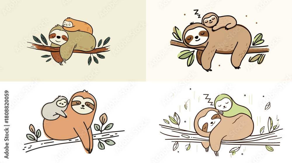 Fototapeta premium Adorable illustration set of sloths resting and cuddling on tree branches with their babies. Perfect for children themes, cute characters, nursery art, and friendly animal designs.