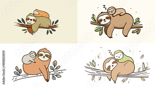 Adorable illustration set of sloths resting and cuddling on tree branches with their babies. Perfect for children themes, cute characters, nursery art, and friendly animal designs.