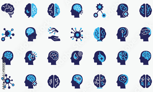 Brain icons set - Neuroscience, Neurology, Intelligence, Human mind, Cognitive, Mental health concepts