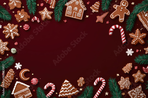 Festive Christmas frame of gingerbread cookies, candy canes, and fir branches on a deep red background with copy space