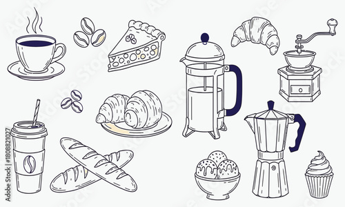 Vector illustration set of hand-drawn coffee and bakery food. Doodle icons of breakfast pastries, desserts, and coffee brewing equipment