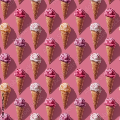 Sweet ice cream cones on a bright pink background, stylish and delicious dessert, seamless pattern