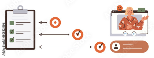 Checklist on clipboard, arrows guiding progress circles, virtual team member on screen. Ideal for planning, productivity, remote teamwork, workflow, goal-setting organization communication. Simple