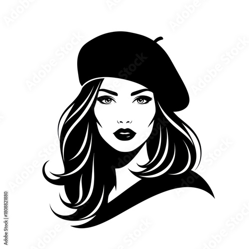 Stylish black and white vector portrait of a woman wearing a beret.