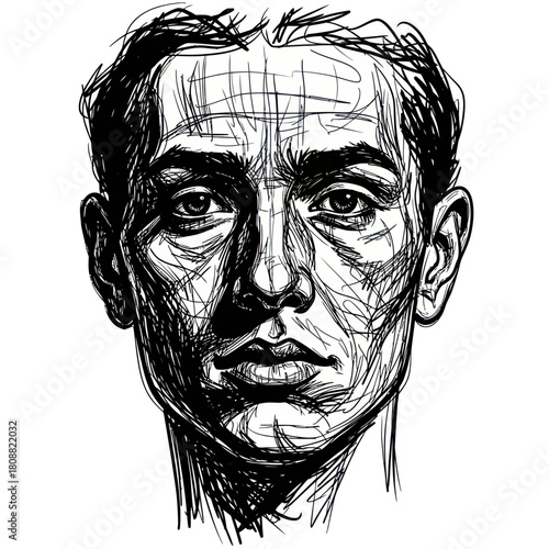 Expressive hand drawn sketch of a serious mans face.