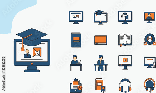 Online Education and E-learning Icons Graduation Cap, Computer, Books, Student, Headphones
