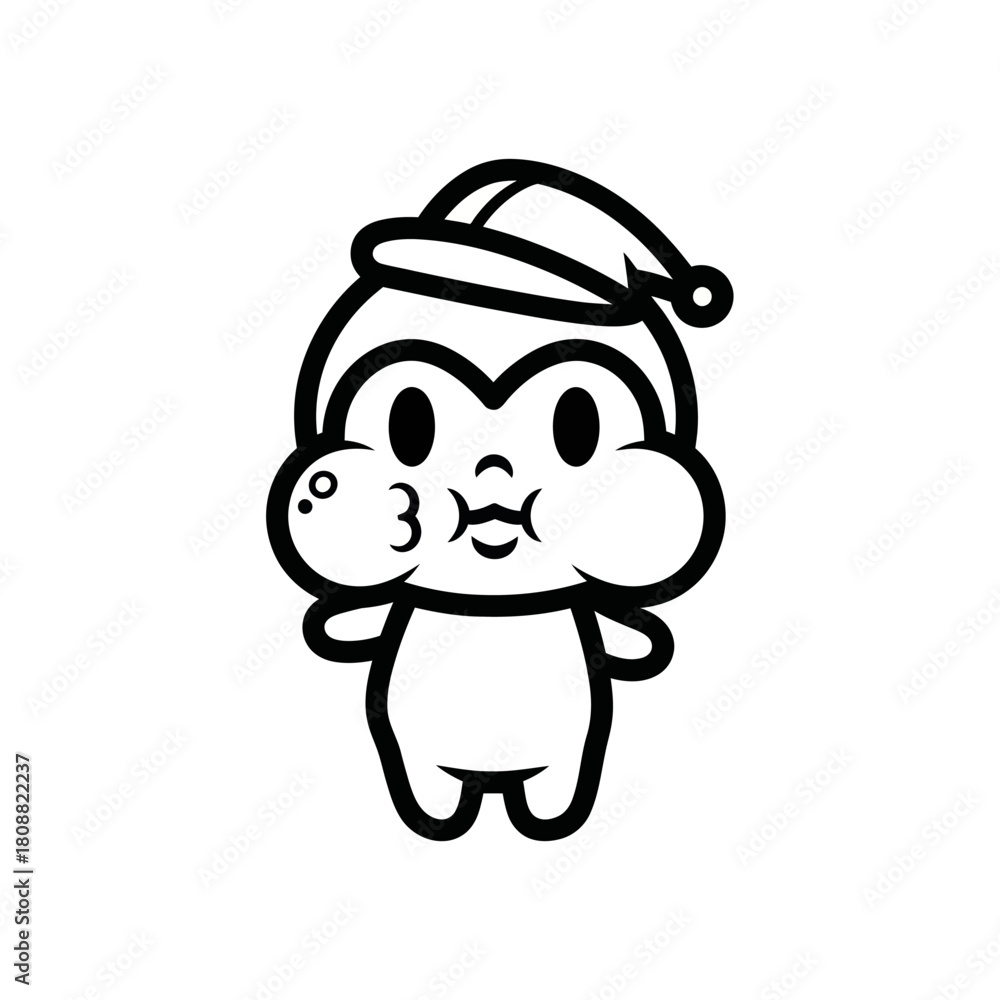Obraz premium Cute cartoon monkey wearing a nightcap with puffed cheeks and a sweet expression.