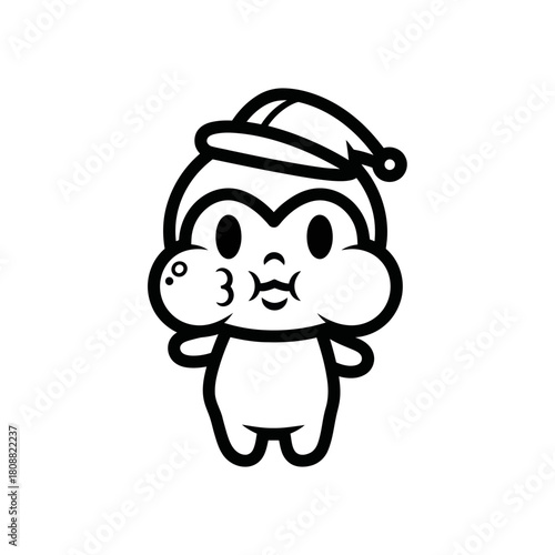 Cute cartoon monkey wearing a nightcap with puffed cheeks and a sweet expression.