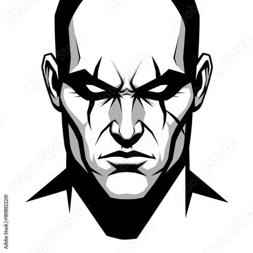 Black and white graphic illustration of a fierce man with glowing eyes.