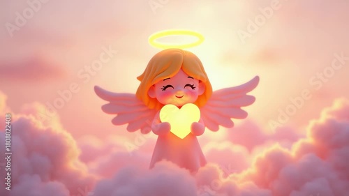 Cute angel smiling holding glowing red heart with golden halo wings on fluffy pink clouds heavenly scene, joyful illustration, concept of Valentines day, Christmas greeting card