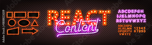 Vector marquee neon sign of React Content text with alphabet font and marquee frames isolated on the transparent background. Easy to use and change color.