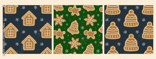 Festive gingerbread patterns featuring houses, decorations, and winter attire perfect for holiday design projects
