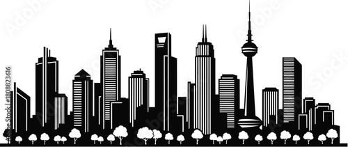 Black silhouette of a modern city skyline with diverse skyscrapers and a tall tower buildings