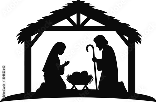 Black Silhouette of Nativity Scene with Mary, Joseph, and Baby Jesus in Stable Christmas