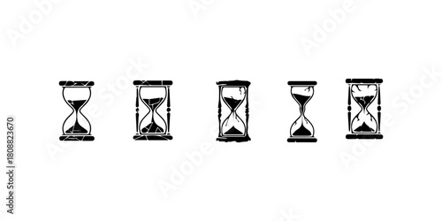Three stylized hourglass silhouettes with sand falling isolated on white background silhouette