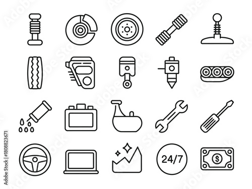 A collection of car parts and service icons for automotive mechanics.