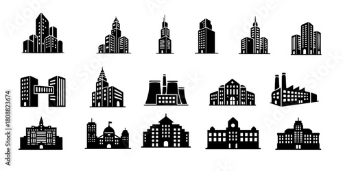 Collection of stylized white building silhouettes representing city skylines isolated on white background silhouette
