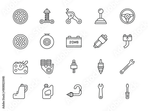 A collection of automotive parts and tools are depicted in line art.