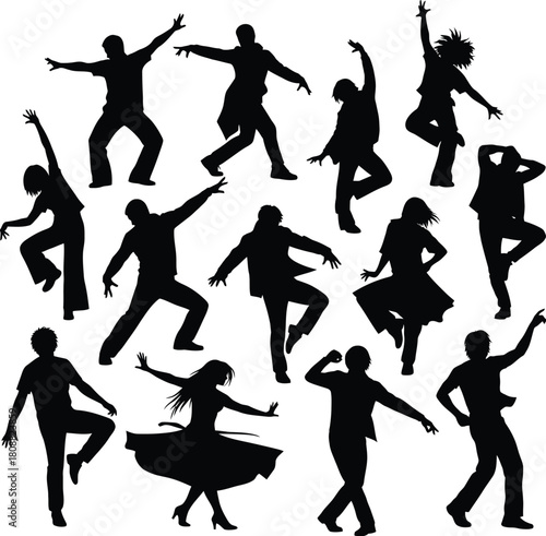 Diverse group of people dancing in silhouette with energetic poses and dynamic movements illustration
