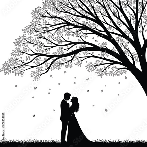 Silhouette of a couple embracing under a large tree with falling leaves on a white background love romance