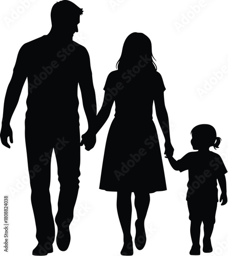 Silhouette of a family walking hand in hand with a father mother and child holding hands
