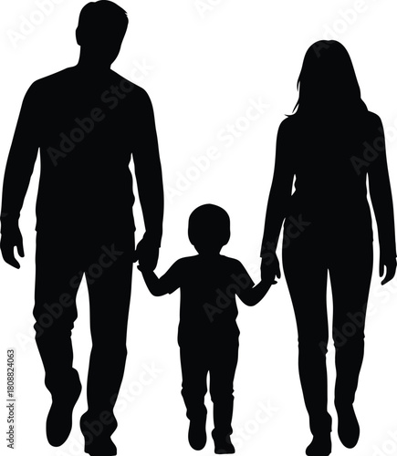 Silhouette of a father mother and young child walking hand in hand on a white background family