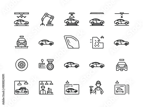 A collection of line art icons representing the automotive manufacturing process.