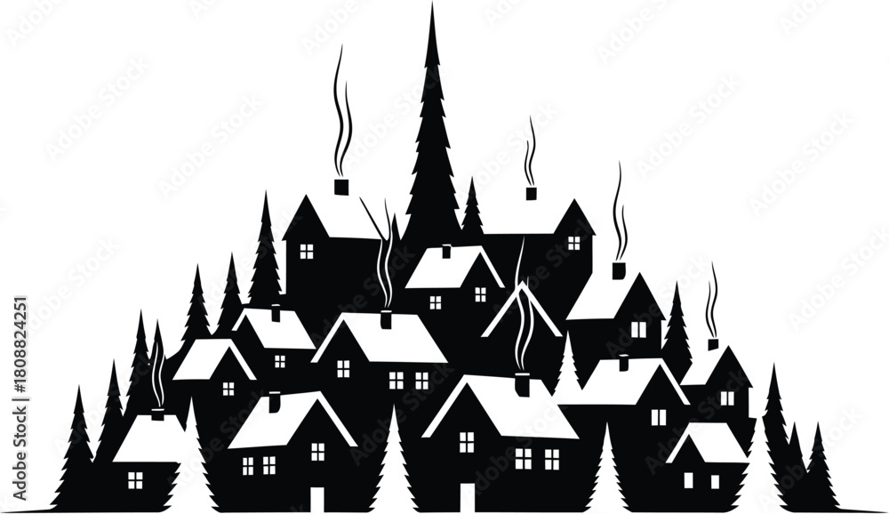 Fototapeta premium Stylized black silhouette of a village with houses and evergreen trees under a dark sky illustration