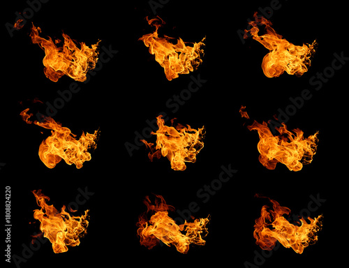 flame blaze at night concept. Set fire flame isolated black background. motion design, burst effect, cinematic explosion scenes, heat energy in a torch. heat texture, burn in the grill, fire sizzling