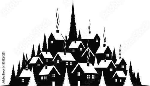 Stylized black silhouette of a village with houses and evergreen trees under a dark sky illustration