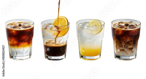 Iced coffee and lemonade variations isolated on transparent background a refreshing summer collection with espresso tonic and latte for diverse flavor experiences