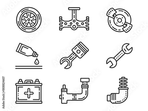 A collection of automotive repair and maintenance icons are depicted.